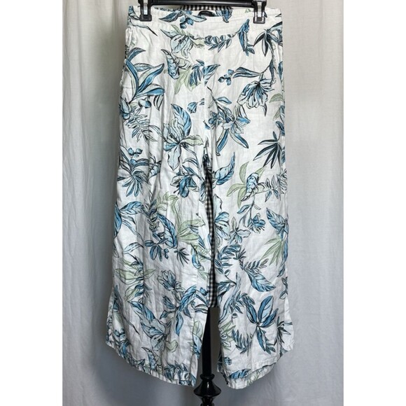 Tahari Womens 100% Linen Leaf Beachy Costal Wide-Leg Crop Pants Pockets Medium - Picture 1 of 7